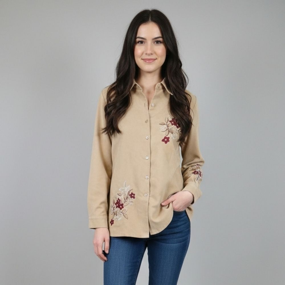 Beige/Tamn Floral Embroidered Button-Up Shirt Size Large